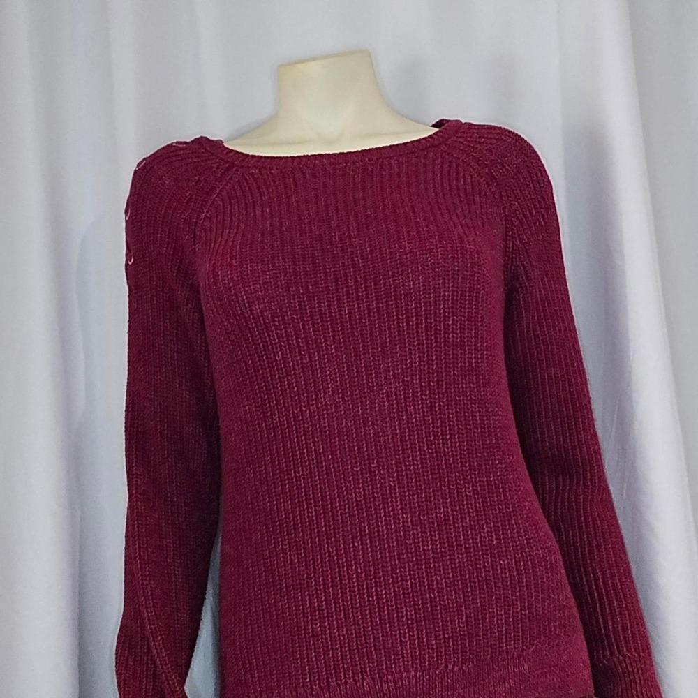 Place Ribbed Knit Sweater Womens Burgundy Like New Lace Up Shoulder Detail